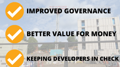 A graphic with a crane background with text that reads 'Progressive Group Budget Amendments for Exeter. Improved Governance. Better Value for Money. Keeping Developers in Check. "A good council is one that is willing to be open to scrutiny."