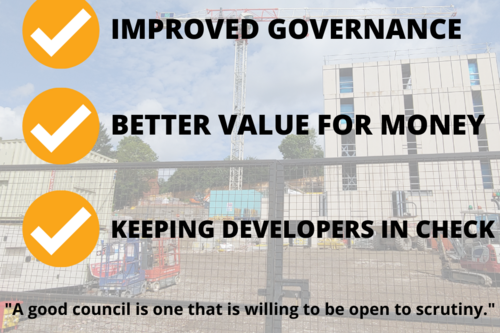 A graphic with a crane background with text that reads 'Progressive Group Budget Amendments for Exeter. Improved Governance. Better Value for Money. Keeping Developers in Check. "A good council is one that is willing to be open to scrutiny."