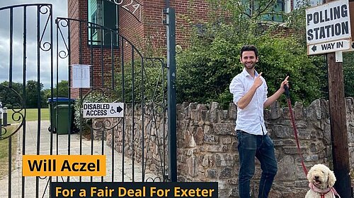 Will Aczel and Ayla in front of the cricket club polling station. Vote Lib Dem Will Aczel for a fair deal for Exeter today!