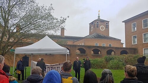 Cllr Julian Brazil addresses the SEND protest crowd