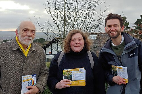 From left to right: Cllr Michael Mitchell, Cllr Tammy Palmer, Will Aczel holding up canvassing cards