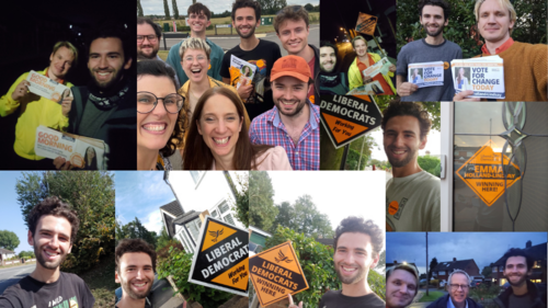 A collage of images of Will Aczel campaigning in Mid-Bedfordshire