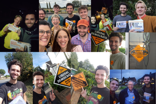 A collage of images of Will Aczel campaigning in Mid-Bedfordshire