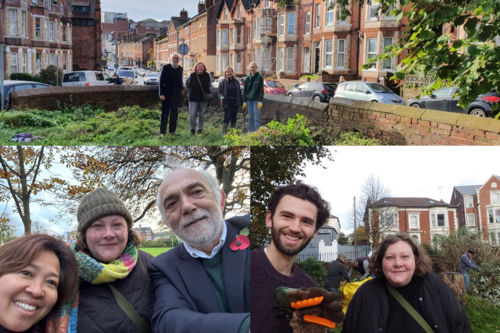 Three photo collage including Lib Dems in Queen's Crescent garden and Bury Meadow Park