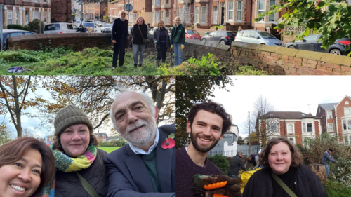 Three photo collage including Lib Dems in Queen's Crescent garden and Bury Meadow Park