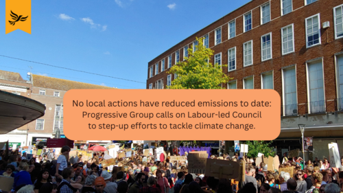 Exeter Climate Protest background with caption "No local actions have reduced emissions to date: Progressive Group calls on Labour-led Council to step up efforts to tackle climate change"