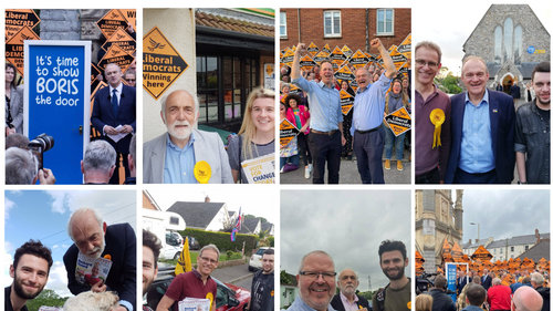 An eight photo collage of Exeter Lib Dem activists campaigning in the Tiverton and Honiton by-election 