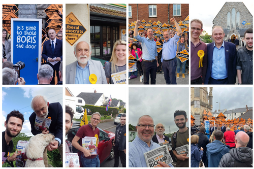 An eight photo collage of Exeter Lib Dem activists campaigning in the Tiverton and Honiton by-election 