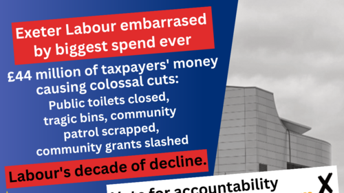 Exeter Labour embarrassed by biggest spend ever. £44 million of taxpayers' money causing colossal cuts: Public toilets closed, tragic bins, community patrol scrapped, community grants slashed. Labour's decade of decline. Vote for accountability Vote for the Lib Dem team. On the right, a grey picture of St Sidwell's Point leisure centre.