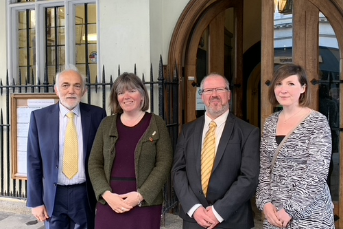 The four 2019 Progressive Group Councillors on Exeter City Council stand in front of the Guildhall. From left to right: Michael Mitchell (LD), Diana Moore (Grn), Kevin Michell (LD), Jemima Moore (Ind)