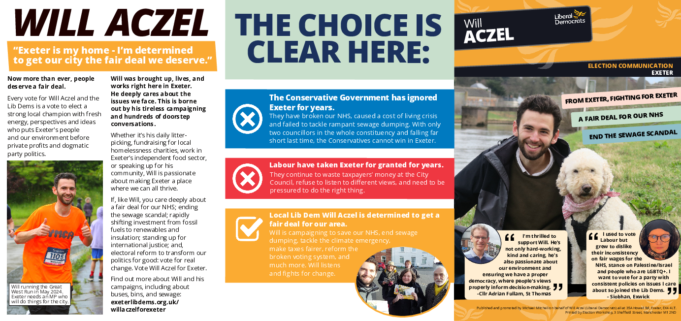 Will Aczel for Exeter 2024 General Election Main Election Leaflet